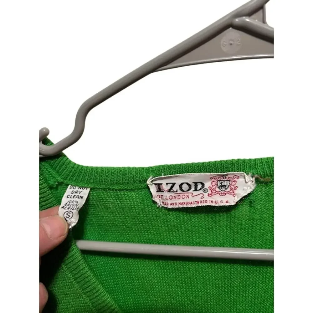 Vintage IZOD Lacoste Green V-Neck Sweater Men's Alligator sz Small Preppy 80s - Picture 3 of 5